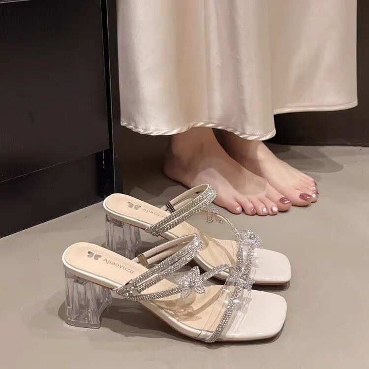 Good-Looking Slimming Thick-Heeled Slippers for Women's Summer Outer Wear Spring and Summer New Fashion Fairy Style with Skirt Crystal High-Heeled Sandals Good-Looking Slimming Thick-Heeled Slippers for Women's Summer Outer Wear Spring and Summer New Fashion Fairy Style with Skirt Crystal High-Heeled Sandals