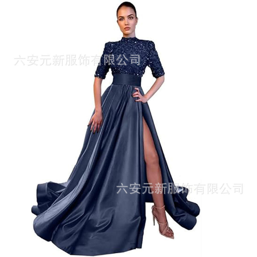 Europeo y americano Amazon AliExpress vestido de fiesta media manga lentejuelas satén vestido de noche A-line vestido de fiesta de hendidura image 18