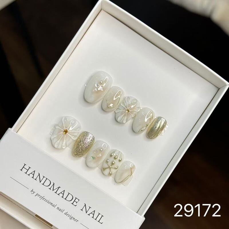 【純手作りのつけ爪29-32】ロングフレンチキャットアイパッチ付け爪、取り外し可能なネイルアートコレクション|undefined