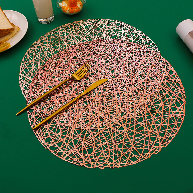 Restaurante occidental decorativo placemat PVC gilding aislamiento estera desordenado línea tejida ronda placemat transfronteriza Venta caliente estera de mesa