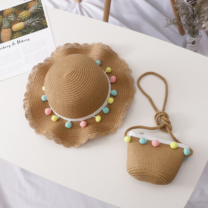 Color ball wavy edge straw hat-khaki