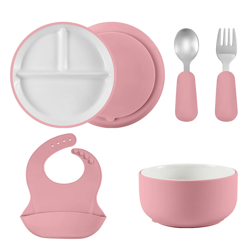 Cross-Border Hot-Selling Children's Ceramic Silicone Feeding Plates Wholesale, Bowl, Fork, Spoon, Bib, Shatter-Resistant Ceramic Feeding Set