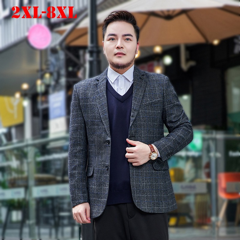 2XL-8XL高端大码格子西装男单西秋休闲男士西服加肥加大男装外套
