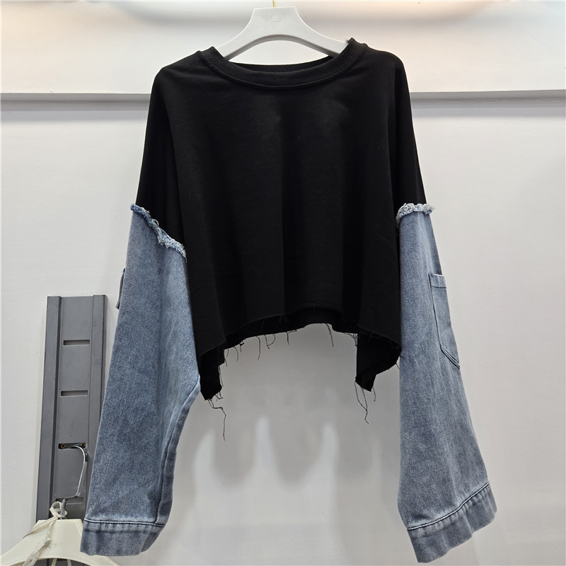 Sudadera de Mezclilla Combinada de Manga Larga con Cuello Redondo