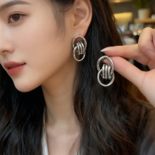 欧美风金属几何连环扣耳钉 金色不规则设计感ins耳环多层绳结耳饰