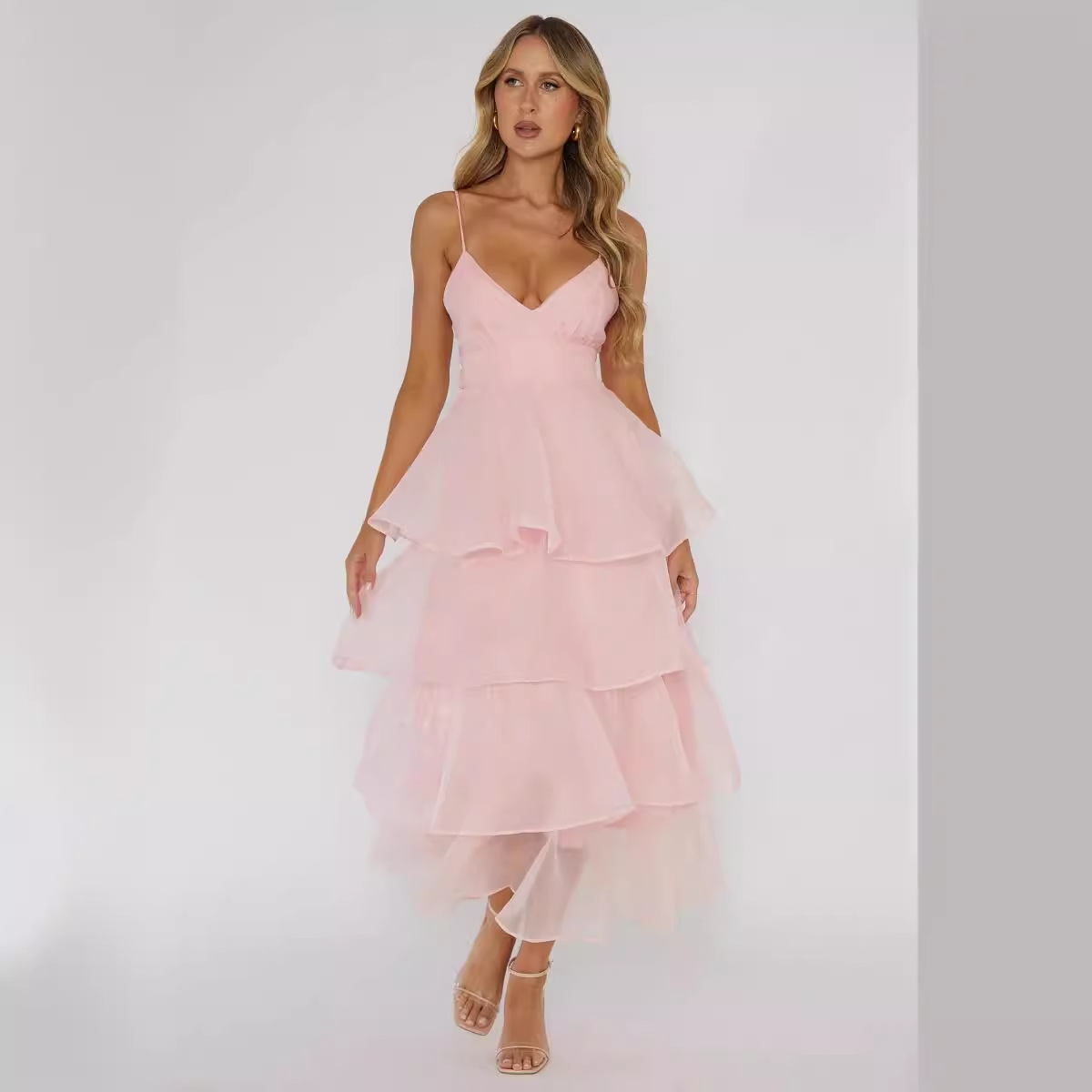 Women's Clothing Organza Deep V Backless Suspender Dress Casual Holiday Fairy Dress_voghion.com