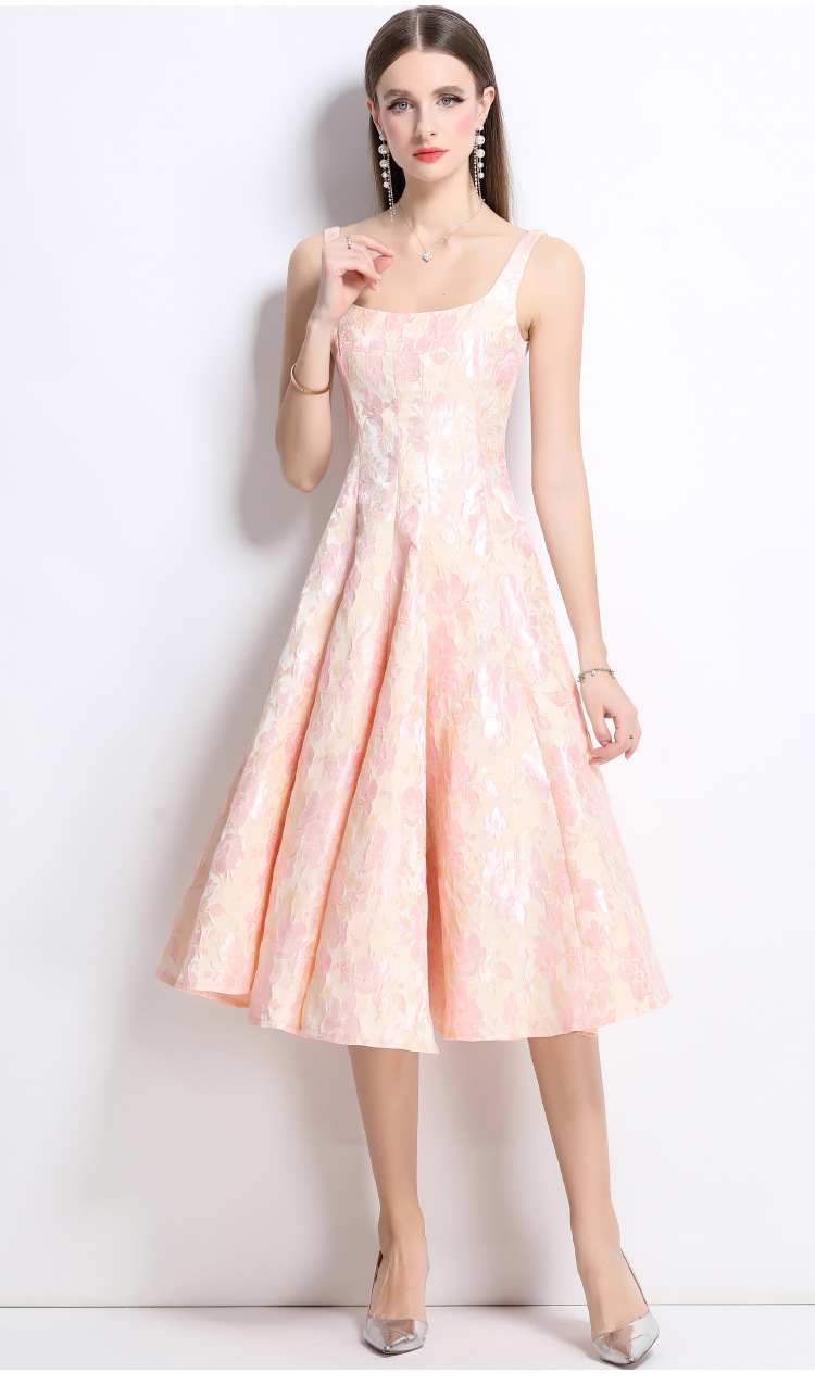 Váy liền không tay jacquard hồng dạ hội nhẹ kiểu Pháp hai dây cao cấp — Màu hoa chi tiết 7