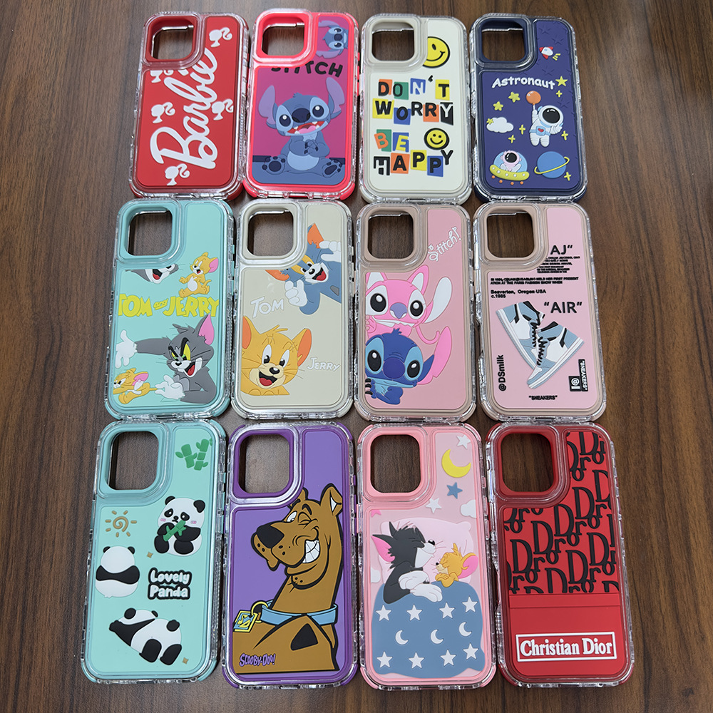 PVC贴皮3D立体卡通图案适用苹果161514ProMax亚克力四合一保护套