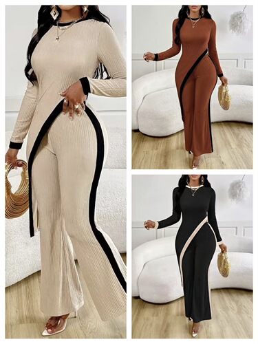European and American Cross-border 2025 Spring New Women's Fashion Color-blocking Long-sleeve Side Slit T-shirt + Splicing Long Pants Set