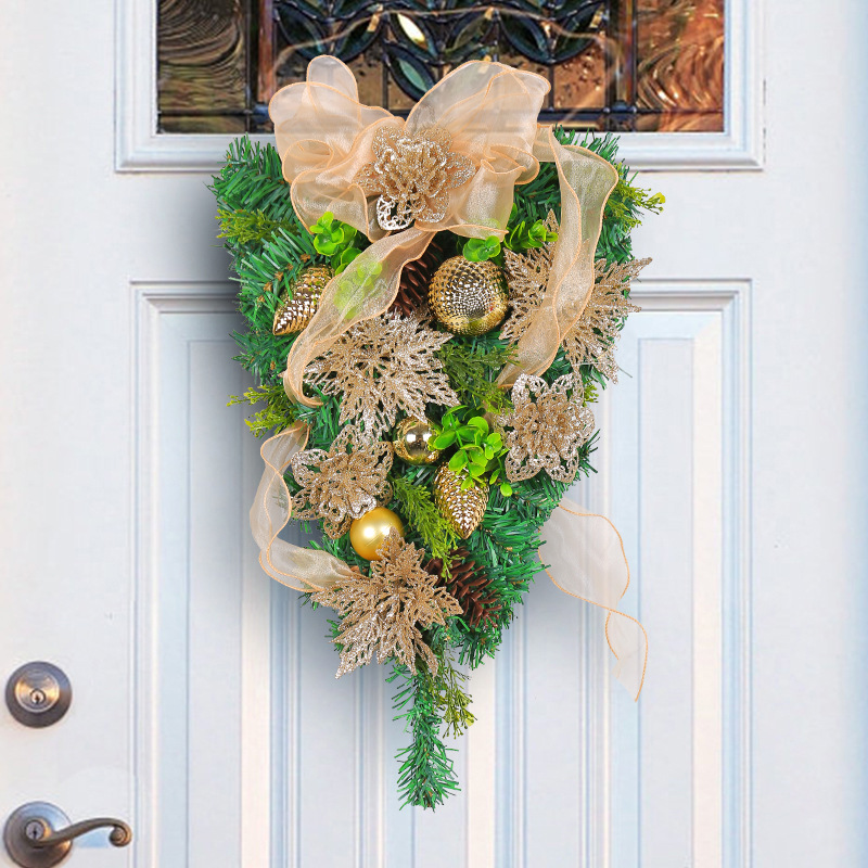 Guirnalda Navideña de Flores Doradas de Hong Kong, Árbol de Navidad Invertido con Agujas de Pino, Decoración Navideña para Ventanas de Centros Comerciales, Venta al por Mayor