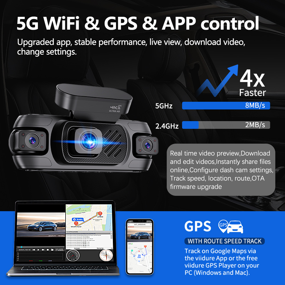 Cross-Border 3inch Ips Screen Four-Lens Four-Recording Dash Cam with Built-In Gps, Night Vision, and Wifi Multi-Lens Recording
