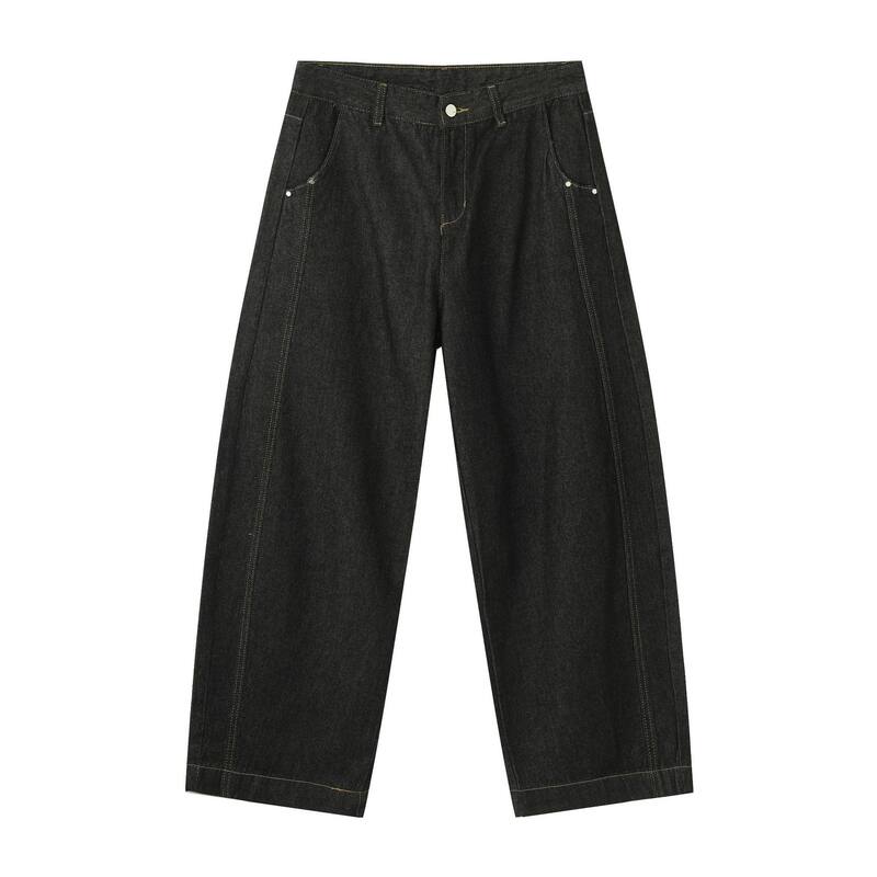 Quần jean nam denim đen dáng suông ống rộng kiểu banana lưng giữa, phong cách đường phố — Denim đen
