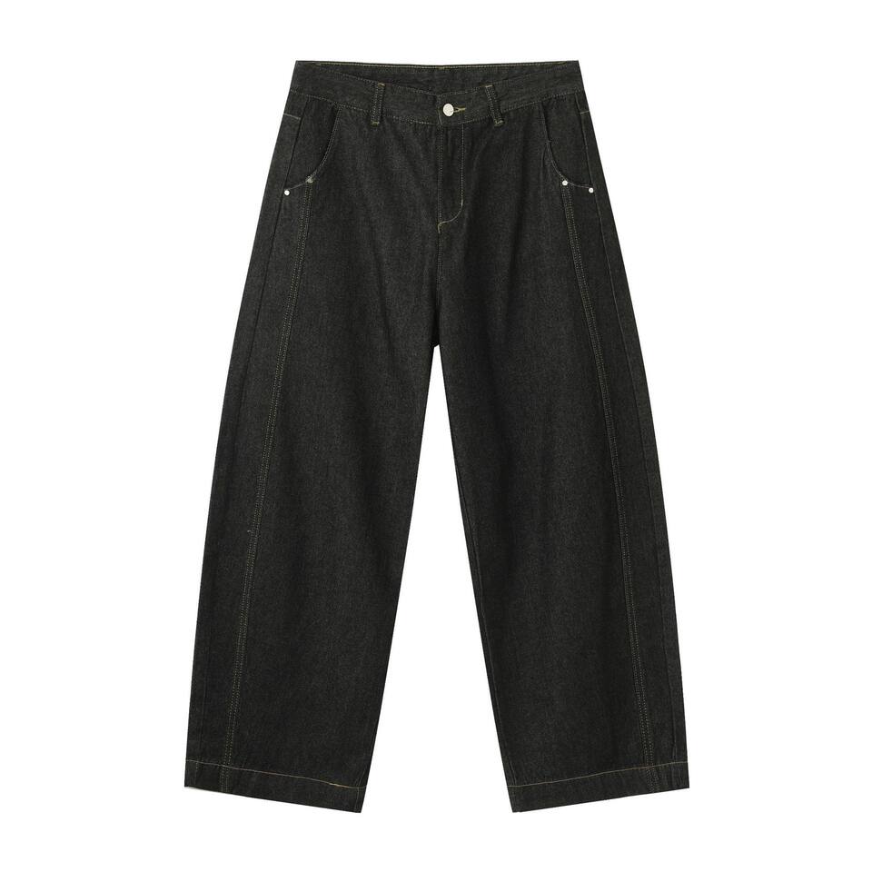 Quần jean nam denim đen dáng suông ống rộng kiểu banana lưng giữa, phong cách đường phố — Denim đen