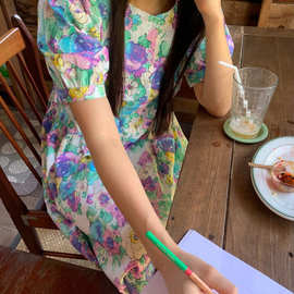 女装韩国东大门女装高货 ins 小清新花朵 宽松休闲碎花连衣裙