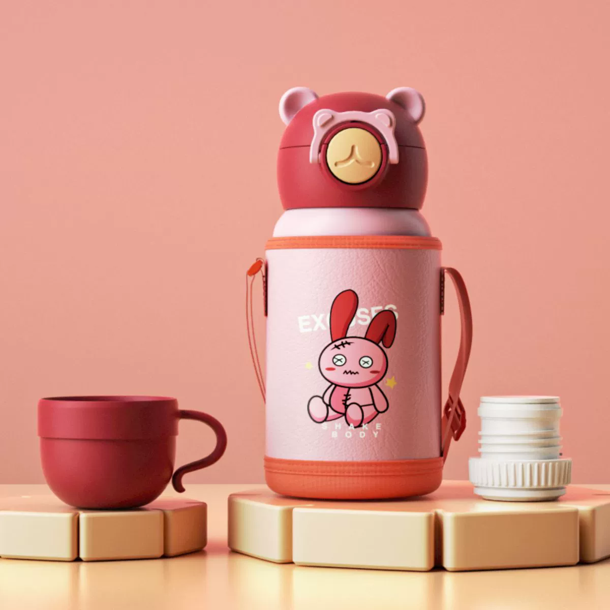 BirthStory Kids Glass Bottle with Stainless Straw, 600ml, 316 Triple Cover, Colorful Shoulder Bag
