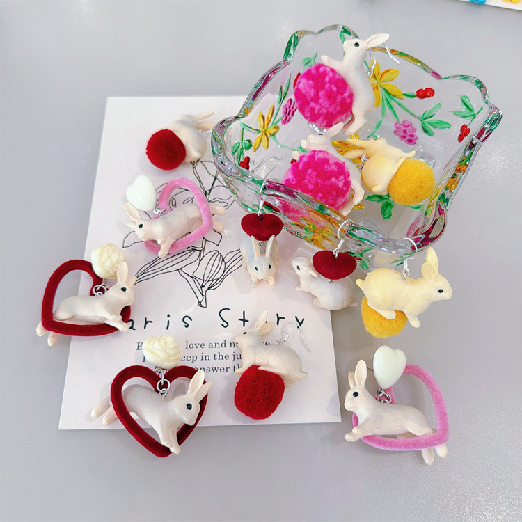 韩国秋冬新款植绒耳钉925银针女小巧可爱兔子水蜜桃水果耳环耳饰