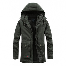 厂家直销冬季新款男士连帽加绒大毛领中长款纯棉水洗棉衣