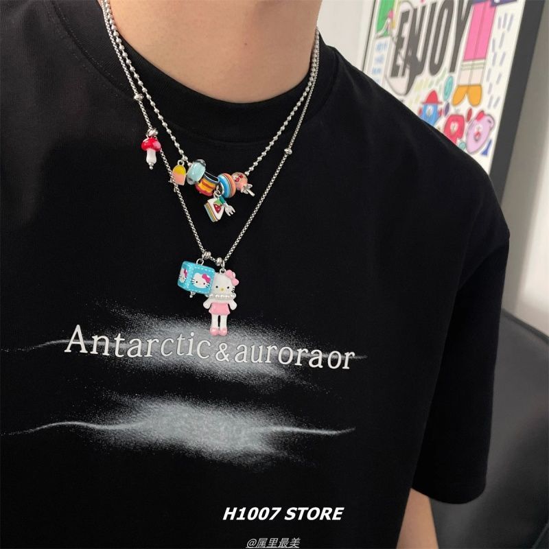 新しいカラフルなスクエア KT 猫ラブロングネックレス女性のニッチデザインかわいい甘いセーターチェーンメンズアクセサリー|undefined