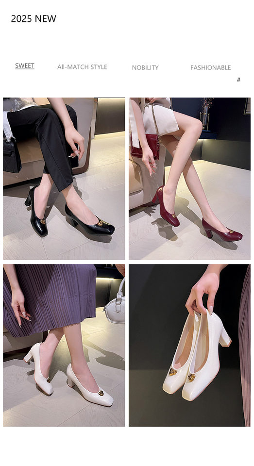 Giày cao gót nữ mũi vuông gót thô phối kim loại kiểu cổ điển, gót 6–8 cm — Màu trắng nhạt, rượu vang đỏ, đen chi tiết 2