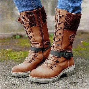Cross-border foreign trade large size mid-tube women's boots 2021 Winter New Square heel leather buckle wool stitching Martin boots Amazon