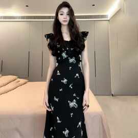 感法式小飞袖碎花连衣裙子女装2025新款夏季气质穿搭黑色长裙