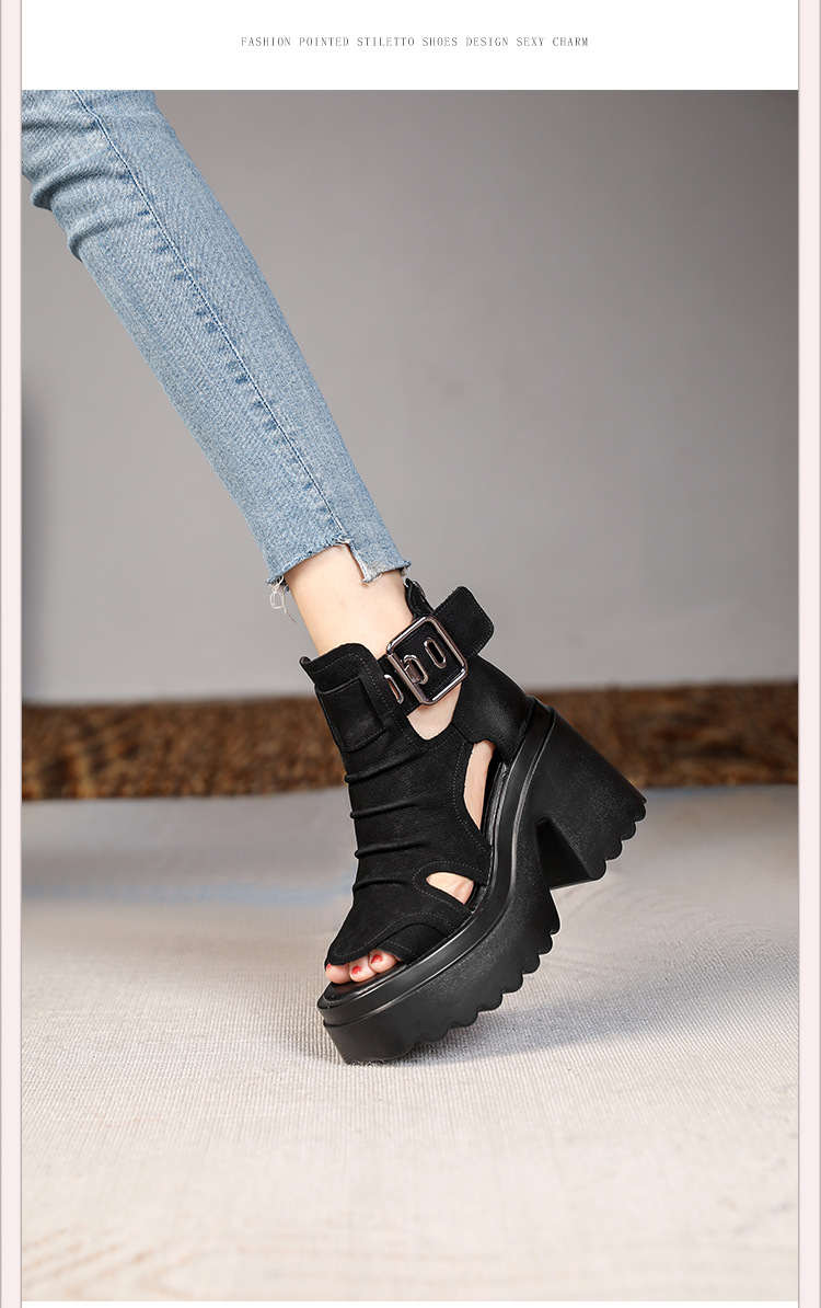 Sandal nữ gót thô miệng cá đế chống nước, tăng chiều cao 10 cm — Màu đen chi tiết 8