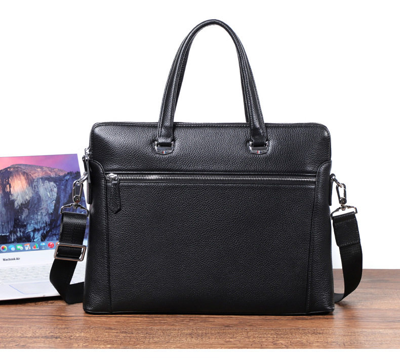 Cặp công sở mỏng da bò thật hai dây kéo, túi xách tay đeo chéo vai cho nam, đựng laptop 14 inch, 38,5×6×28 cm — Màu đen chi tiết 4
