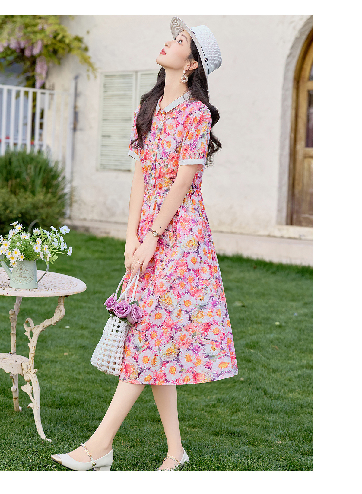 Đầm maxi nữ thắt eo họa tiết hoa nhí dáng suông rộng tay ngắn — màu đỏ chi tiết 17