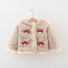 外贸新款童装批发四个蘑菇毛毛衣外套 女童花边加绒加厚仿皮草外