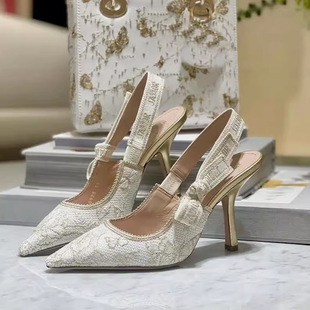 D Letter Sandals with Bow Women's 2024 Early Spring Retro Golden Embroidered Baotou High-heeled Shoes