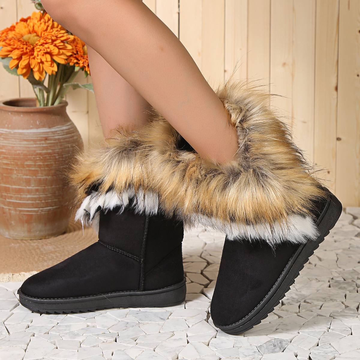 New round toe flat wool and fleece warm cotton boots_voghion.com