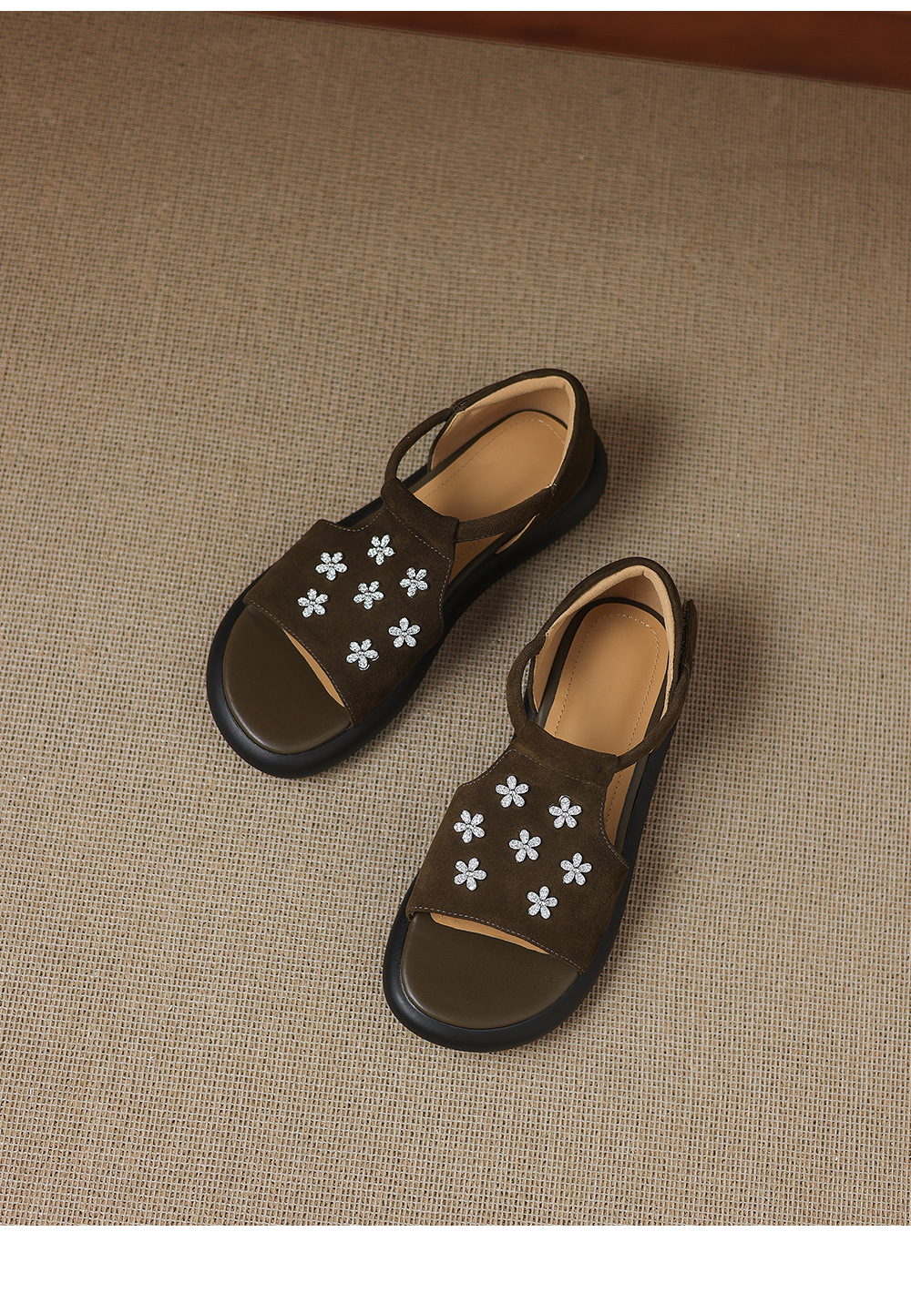Sandal nữ hở mũi đế dày da cừu đính hoa đá — Màu xanh da trời chi tiết 19