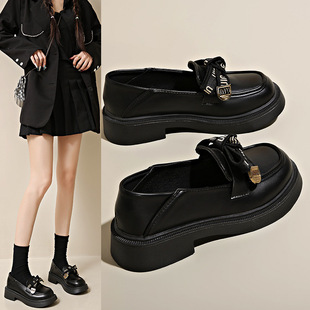Shallow Mouth Single-layer Shoes Thick-soled Loafers Women's 2025 Autumn New Thick Heel All-match Bow One-step Small Leather Shoes