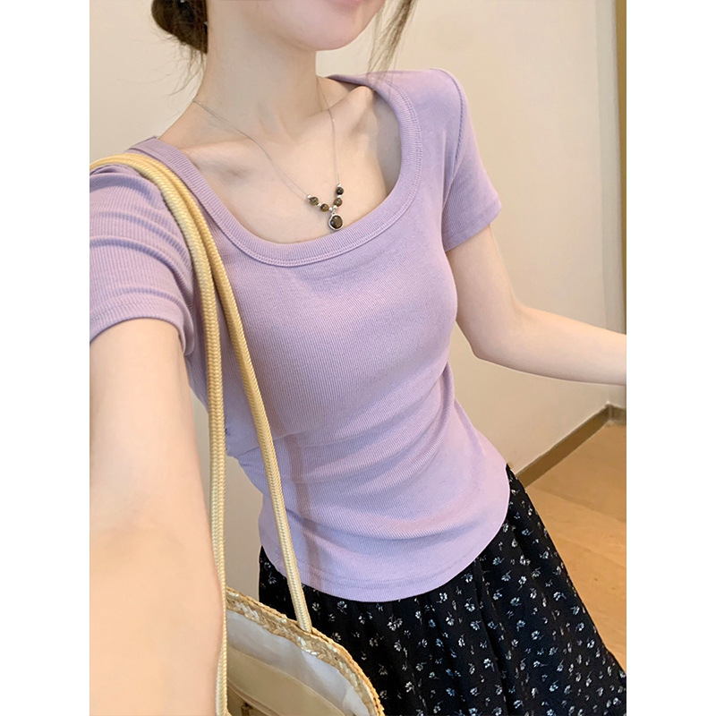 Taro Purple Cinched Waist Square Neck Short-Sleeve T-Shirt for Women, Summer 2026 New Slim-Fit Ruched Spicy Girl Short Top for Women