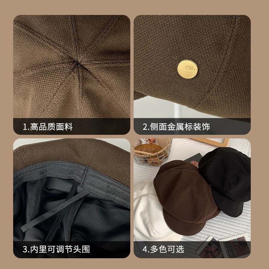 Boina negra de boca de pato nubes versátil cara pequeña sombrero de octogono otoño y invierno artístico gran cinturón de cabeza pintor sombrero hombre