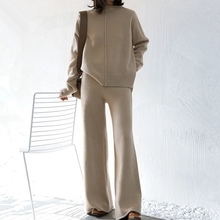 跨境外贸针织阔腿裤两件套 亚马逊2025秋款毛衣慵懒风时尚套装女