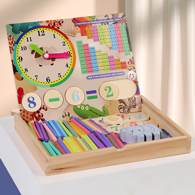 Caja de aritmética multifuncional de madera para niños diversión educativa apilada reloj alto aritmética matemática material didáctico cognitivo digital