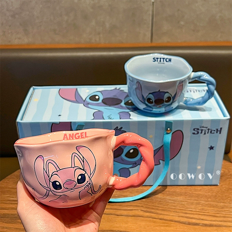 Керамическая чайная чашка (Disney Stitch) набор 380 мл, подарочная коробка с рисунком Стич и Энджел