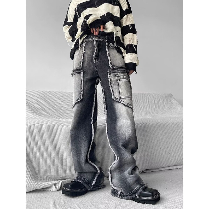 Original designer washed frayed jeans men's straight loose national fashion brand design sense niche micro flared trousers