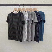 现~韩国东大门代购atthebagel女2025夏季条纹棉短袖T恤撞色设计