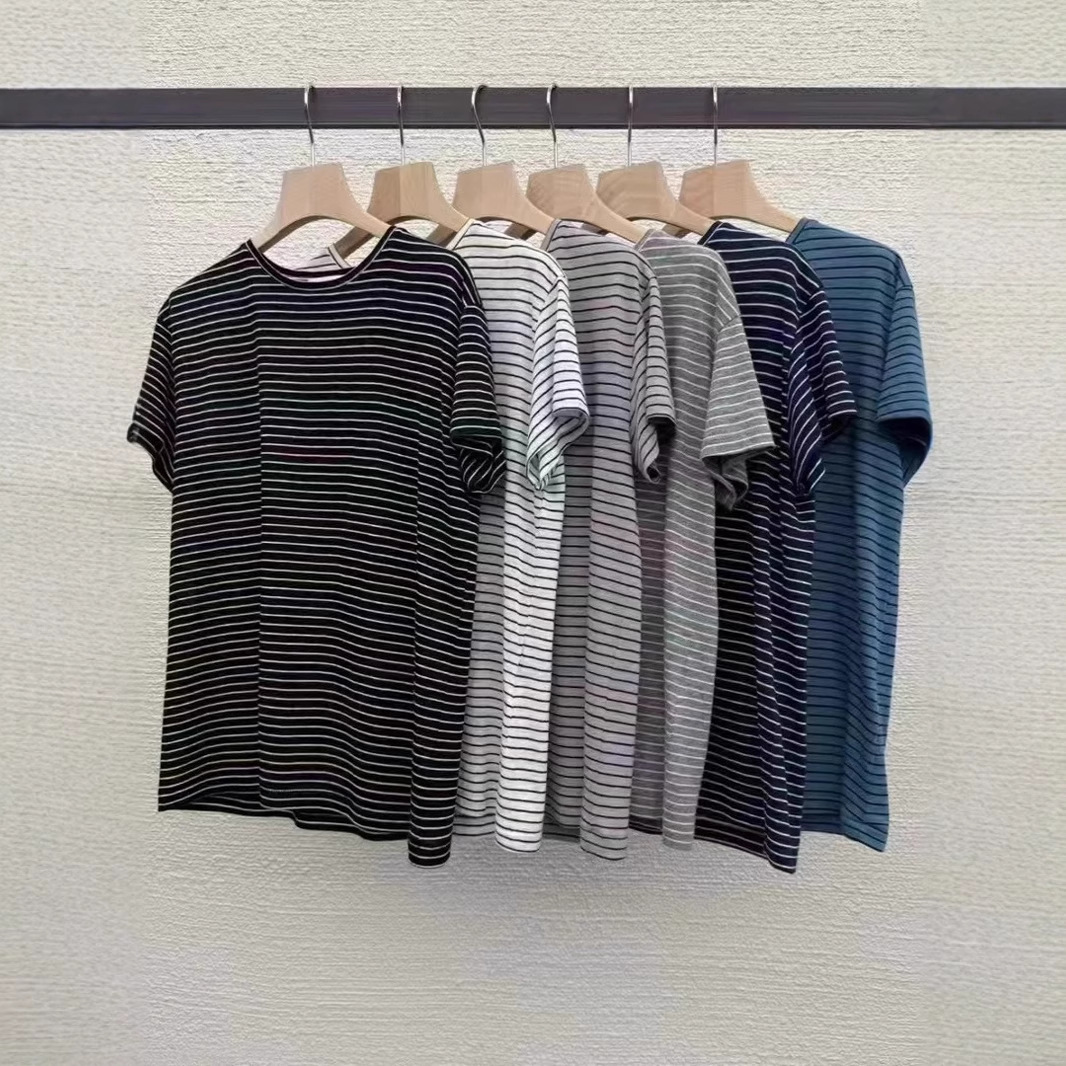 现~韩国东大门代购atthebagel女2025夏季条纹棉短袖T恤撞色设计