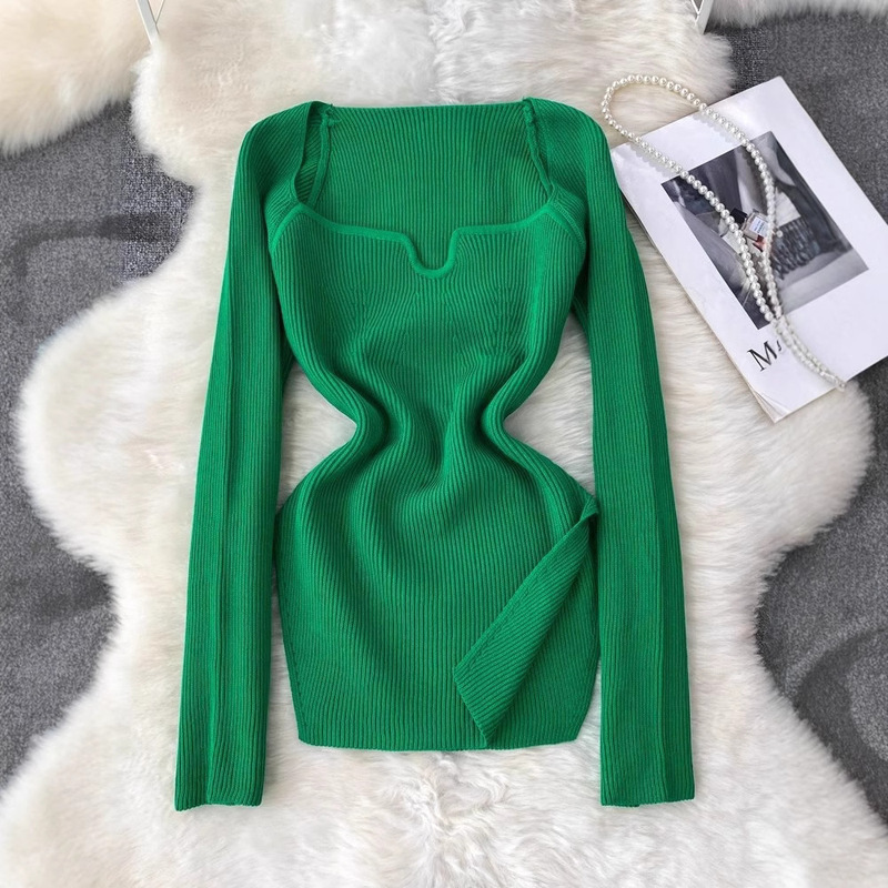 Cross-border Autumn and Winter Fashion Square Collar Clavicle Base Shirt Stylish Tight Slim Inner Short Sweater Knitwear