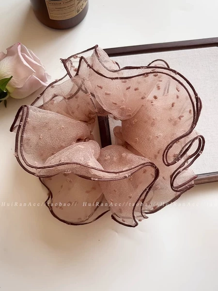 Milk tea color polka dot mesh hair ring