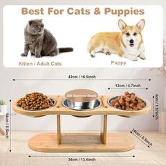 ペットフードボウルスタンドを高めるための国境を越えた竹と木製の猫と犬の餌箱、頚椎を保護する木製の斜めのペットボウルスタンド、猫と犬のボウルスタンド