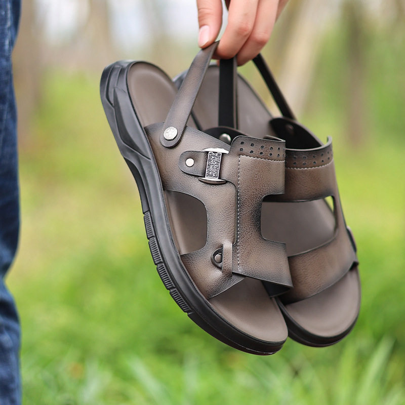 Dép sandal nam đế dày gót thấp 1–3 cm, mũi tròn hở ngón, thoáng khí, đi biển và đi chơi hằng ngày — Màu kaki, Màu nâu, màu xám