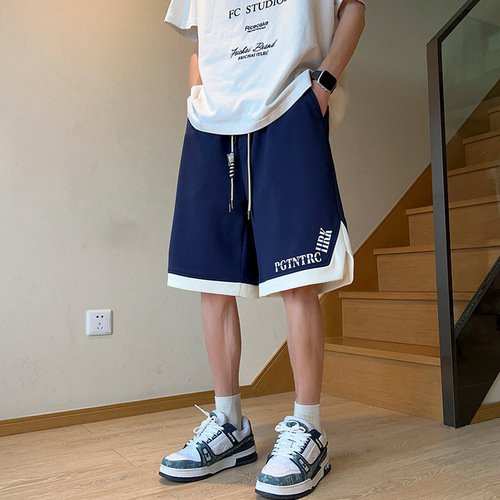 Blue-and-white designer sports five-pocket shorts for men—summer, American-style, plus-size, casual, loose-fit, straight-leg, and wide-leg pants