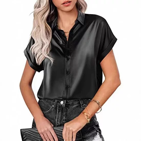 in stock 2023 Amazon Satin Multicolor Silk Short Sleeve Satin Button-Up Shirt Casual Loose Top