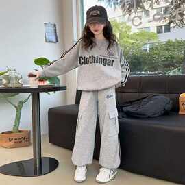 女童套装简约休闲裤两件套中大童春秋新款条纹卫衣拼色工装裤套装
