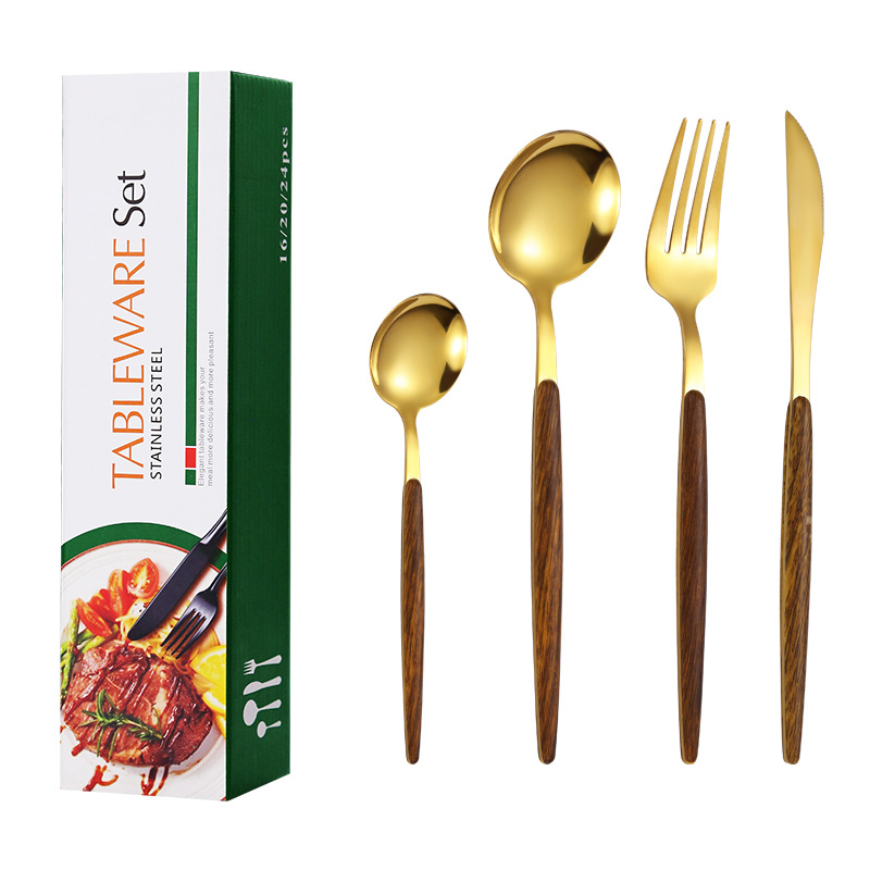 Amazon Portugal traje de vajilla de acero inoxidable Juego de 24 piezas de imitación mango de madera cuchillo de acero inoxidable, tenedor y cuchara traje de regalo