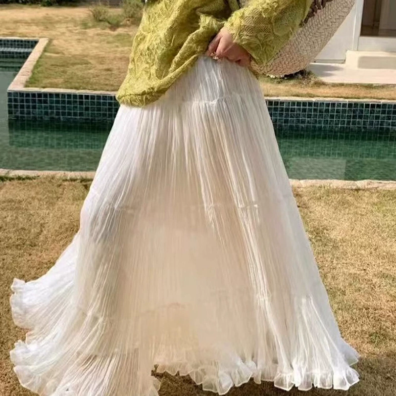 Длинная белая юбка А-силуэта для женщин, французский стиль 2025 года, плиссированная, многослойная, стройнящая